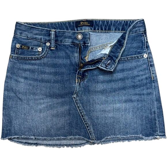 Polo Ralph Lauren Denim 5 Pocket Mini Jean Skirt Frayed Hem Large 12/14 - Picture 2 of 3